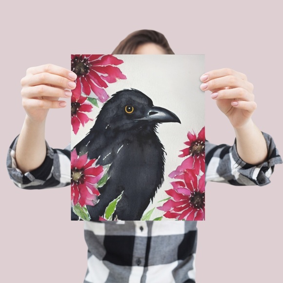 Wall Art Watercolor Floral Raven Crow Illustration Print Poster Card Unframed - Picture 3 of 5